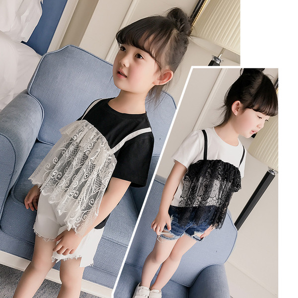 Много интересна тениска за момичета с пришита дантела отпред в бяло и черно