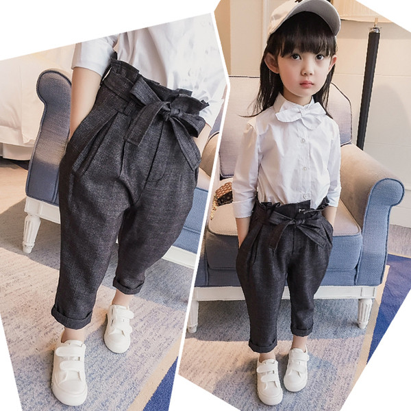 Актуални небрежни панталони за момичета с колан-панделка