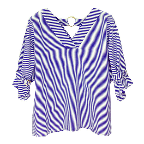 Карирана дамска блуза с широк ръкав и V-образно деколте