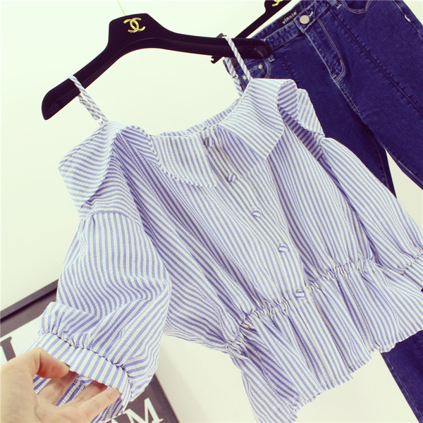 Ριγέ πουκάμισο με κοντά μανίκια και μεγάλη αμάνικο