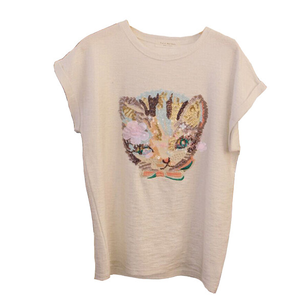 μπλούζα καθημερινές γυναίκες με κοντά μανίκια και ένα γατάκι απλικέ της λαμπερά πούλιες