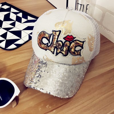 Страхотна дамска бейзболна шапка с пайети и бродиран надпис
