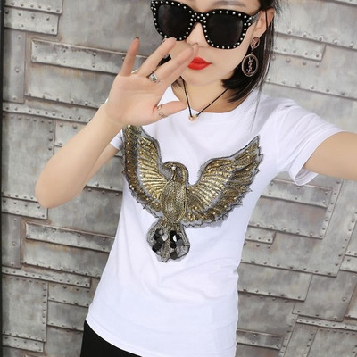 Уникална дамска блуза в черно и бяло с апликация орел