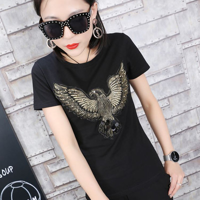 Уникална дамска блуза в черно и бяло с апликация орел