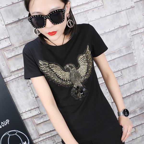 Уникална дамска блуза в черно и бяло с апликация орел