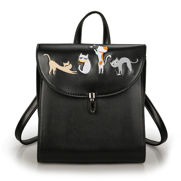 Страхотна дамска чанта с дълга дръжка за през рамо и бродерия с котенца