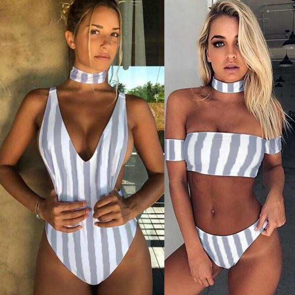 Οι γυναίκες μαγιό μοντελοποίηση όλους και δύο μέρη σε τρία διαφορετικά μοντέλα