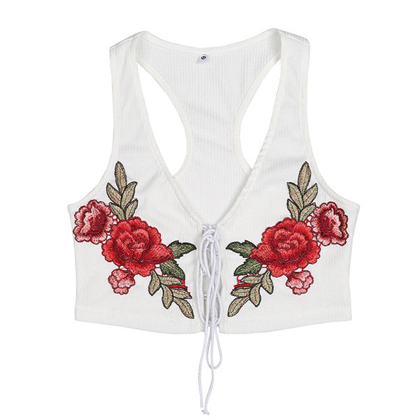 Οι γυναίκες κεντημένα μπούστα-shirt με δεσμούς στη λαιμόκοψη