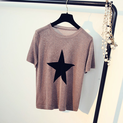 Καθημερινά λαμπερό μπλούζα με κοντό μανίκι και αστέρι απλικέ