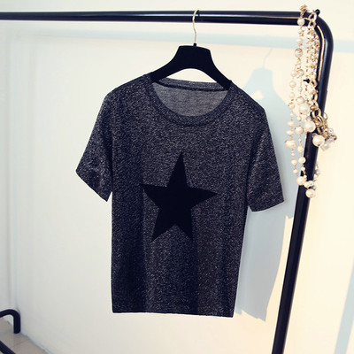 Καθημερινά λαμπερό μπλούζα με κοντό μανίκι και αστέρι απλικέ