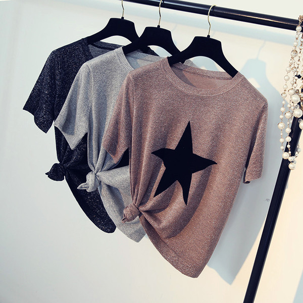 Καθημερινά λαμπερό μπλούζα με κοντό μανίκι και αστέρι απλικέ