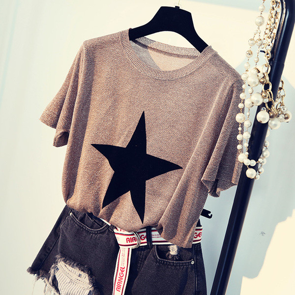 Καθημερινά λαμπερό μπλούζα με κοντό μανίκι και αστέρι απλικέ