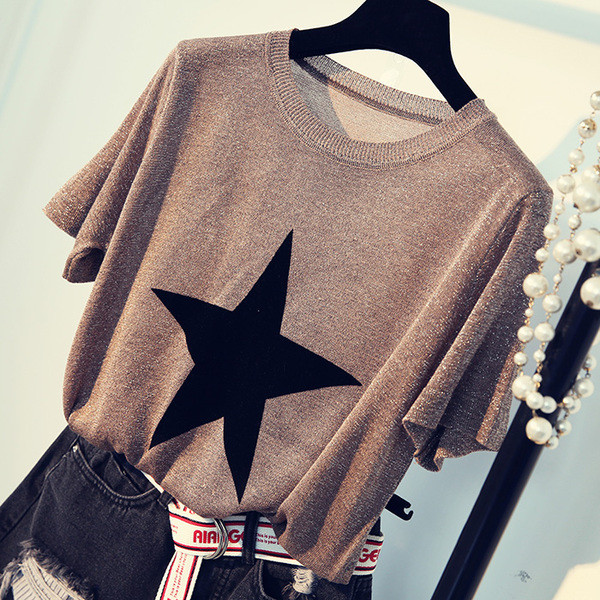 Καθημερινά λαμπερό μπλούζα με κοντό μανίκι και αστέρι απλικέ