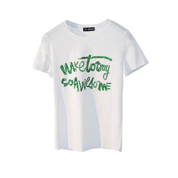 Κομψό κυρίες μπλούζα με κοντά μανίκια και χρωματιστά επιγραφή με πούλιες