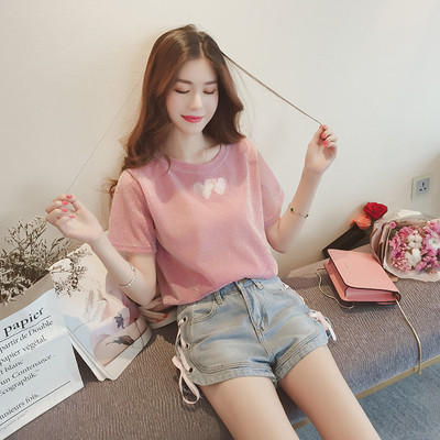 Φρέσκα κυρίες βελούδο μπροκάρ T-shirt με κοντά μανίκια