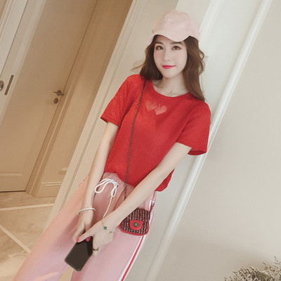 Φρέσκα κυρίες βελούδο μπροκάρ T-shirt με κοντά μανίκια