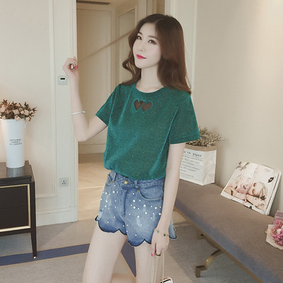 Φρέσκα κυρίες βελούδο μπροκάρ T-shirt με κοντά μανίκια