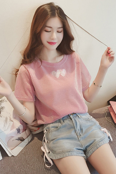 Φρέσκα κυρίες βελούδο μπροκάρ T-shirt με κοντά μανίκια