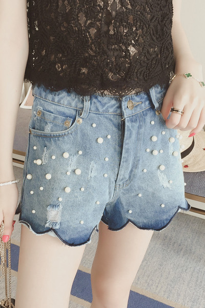 Hit του Summer 2017 σύντομο τζιν παντελόνι γυναίκες με σγουρά πόδια και μαργαριτάρια