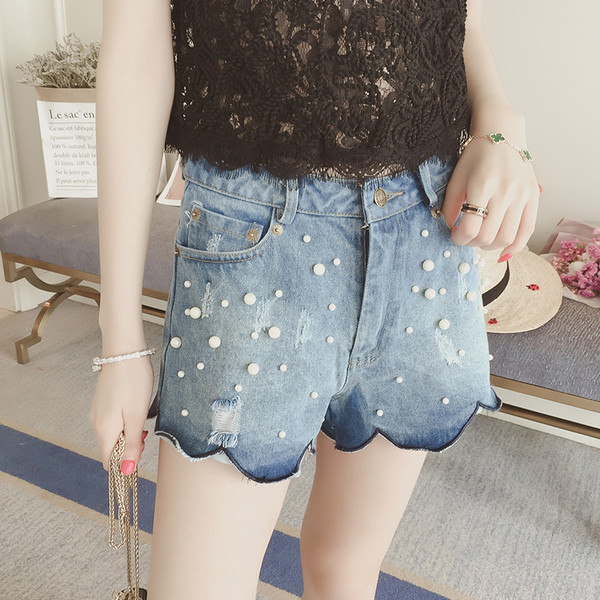 Hit του Summer 2017 σύντομο τζιν παντελόνι γυναίκες με σγουρά πόδια και μαργαριτάρια