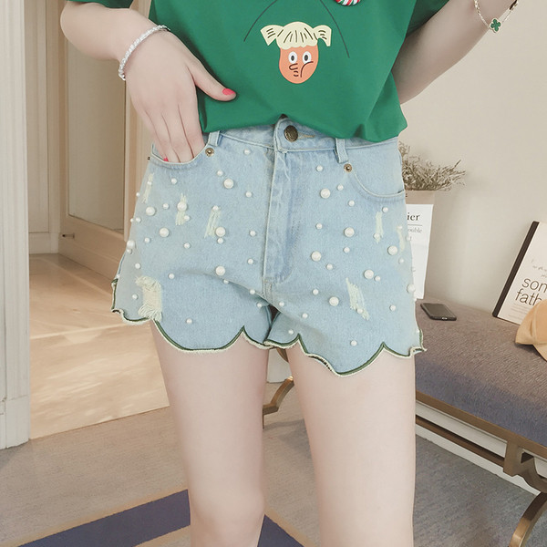 Hit του Summer 2017 σύντομο τζιν παντελόνι γυναίκες με σγουρά πόδια και μαργαριτάρια