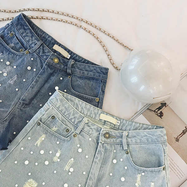 Hit του Summer 2017 σύντομο τζιν παντελόνι γυναίκες με σγουρά πόδια και μαργαριτάρια