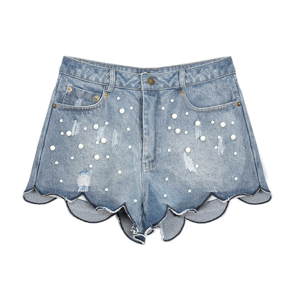 Hit του Summer 2017 σύντομο τζιν παντελόνι γυναίκες με σγουρά πόδια και μαργαριτάρια