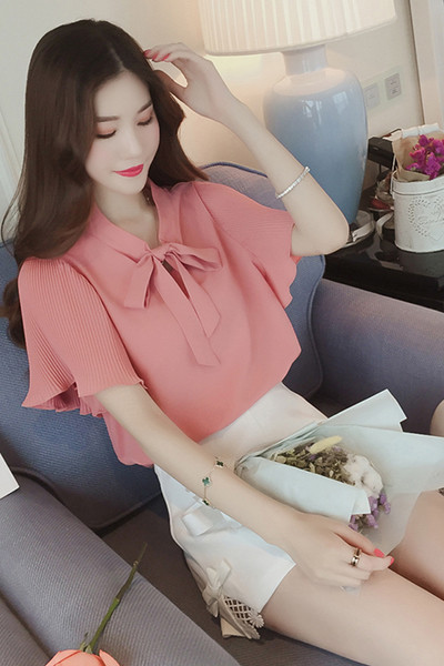 Μεγάλη κυρίες σιφόν πουκάμισο με κοντά μανίκια σε τρία διαφορετικά χρώματα