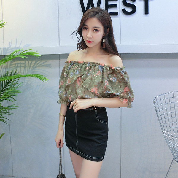 Πολύχρωμα φρέσκα μπλούζα με γυμνά ώμους και βολάν