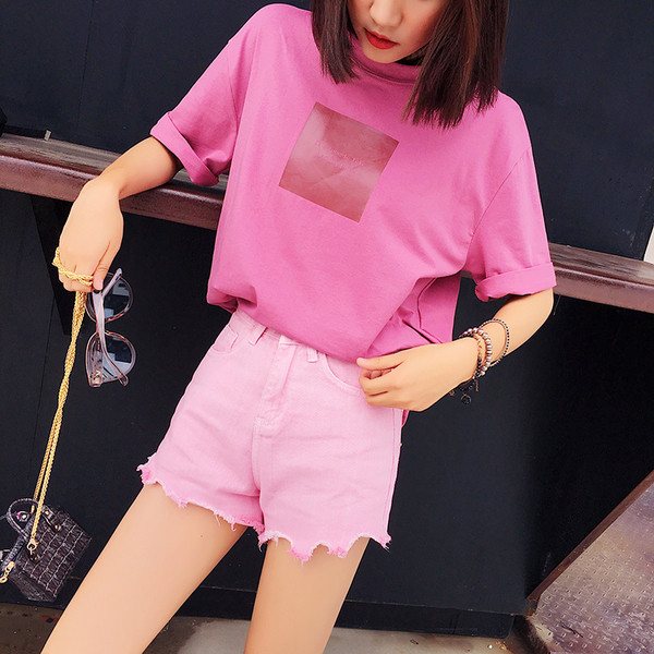 Καθημερινά μακρύ ροζ T-shirt με ενδιαφέρουσες επιγραφές στο πίσω μέρος