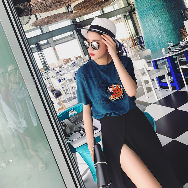 καθημερινή T-shirt κομψό κυρίες με κοντό μανίκι με κέντημα