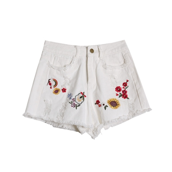 Άνετη μεγάλη σύντομο κυρίες παντελόνι με κεντημένα λουλούδια