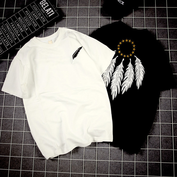 πουκάμισο Πολύ ενδιαφέρον των ανδρών με κοντά μανίκια σε μαύρο και άσπρο με απλικέ - ινδική φτερά