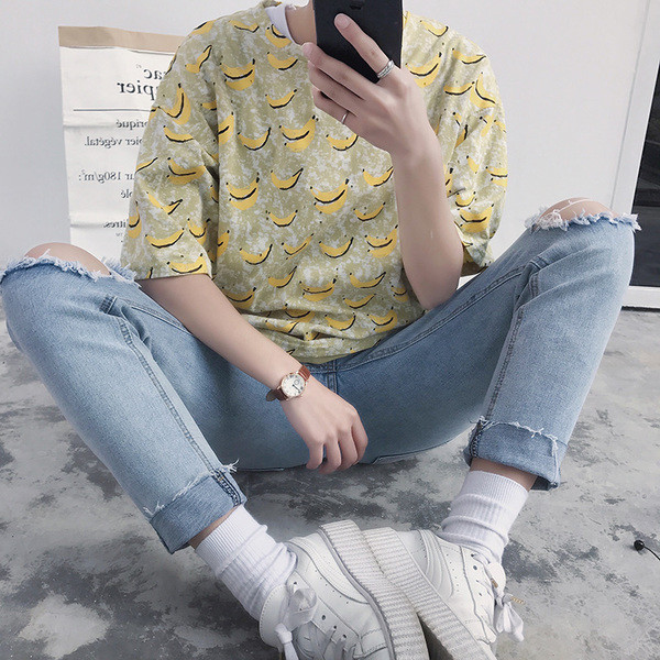 κοντό μανίκι T-shirt πολύ φρέσκο ​​καλοκαίρι ανδρών με κίτρινο banancheta