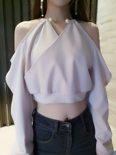 Дамска модерна блуза в два цвята с паднало рамо