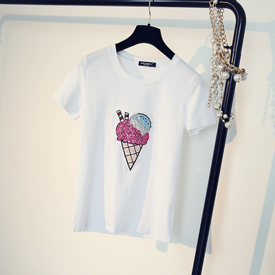 Дамски къс ръкав с илюстрация и пайети в бял и черен цвят