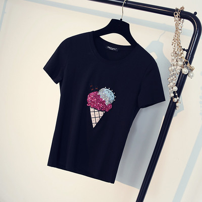 Дамски къс ръкав с илюстрация и пайети в бял и черен цвят