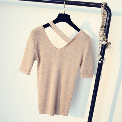 Пролетно-лятна дамска блуза с къс ръкав V-образно деколте с брокат различни цветове