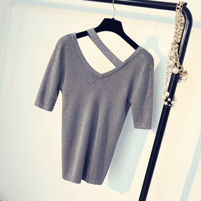 Пролетно-лятна дамска блуза с къс ръкав V-образно деколте с брокат различни цветове