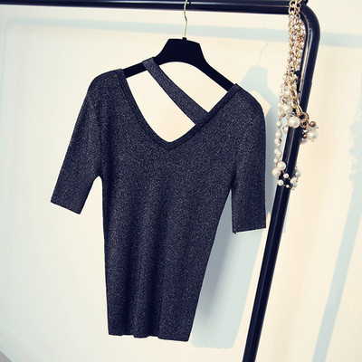 Пролетно-лятна дамска блуза с къс ръкав V-образно деколте с брокат различни цветове