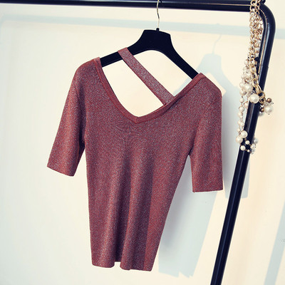 Пролетно-лятна дамска блуза с къс ръкав V-образно деколте с брокат различни цветове