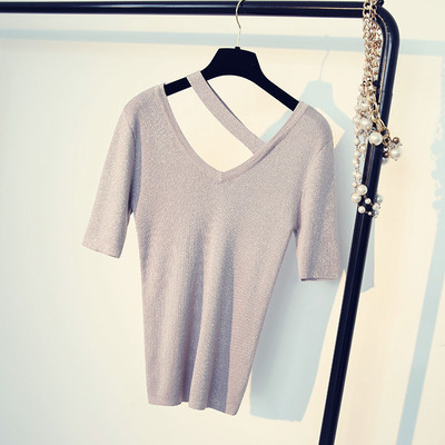 Пролетно-лятна дамска блуза с къс ръкав V-образно деколте с брокат различни цветове