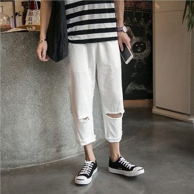 Небрежни мъжки широки панталони - накъсани, бял и черен цвят