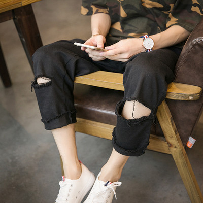 Небрежни мъжки широки панталони - накъсани, бял и черен цвят