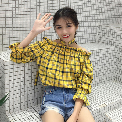 Страхотна дамска карирана блуза с паднало рамо и широк ръкав в два цвята