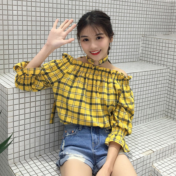 Страхотна дамска карирана блуза с паднало рамо и широк ръкав в два цвята