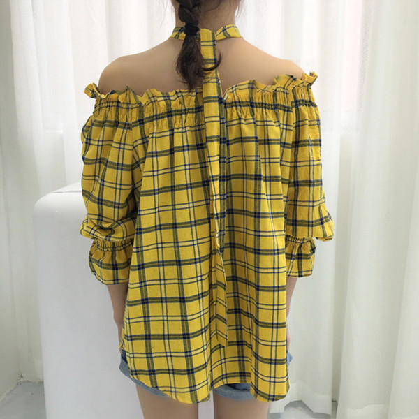 Страхотна дамска карирана блуза с паднало рамо и широк ръкав в два цвята