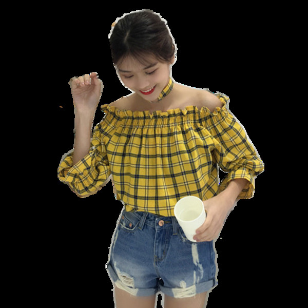 Страхотна дамска карирана блуза с паднало рамо и широк ръкав в два цвята