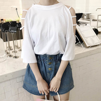 Καθημερινά μπλούζα σε δύο χρώματα με ιμάντες στα μανίκια και ένα ώμο