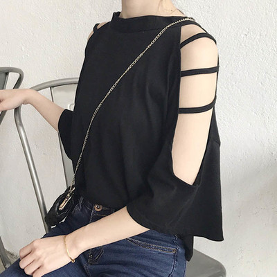 Καθημερινά μπλούζα σε δύο χρώματα με ιμάντες στα μανίκια και ένα ώμο